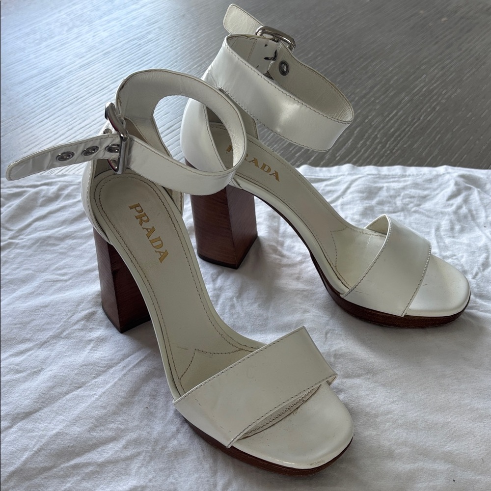Prada White Leather Ankle Strap Heels